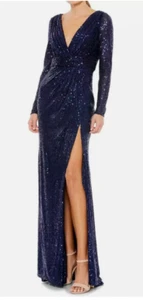 Vestido Mac Duggal Azul Medianoche Manga Larga Lentejuelas Imitación Envolvente Talla 16 $398 Nuevo con Etiquetas - Imagen 1 de 13