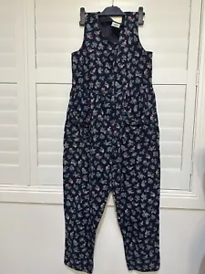 Vintage Laura Ashley Wide Leg Cottagecore Floral Corduroy Navy Blue Jumpsuit XL - Picture 1 of 9