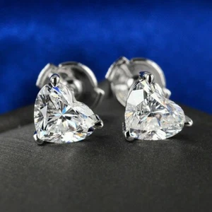 4 Ct Lab Created Heart Diamond Solitaire Stud Earrings 14K White Gold Plated - Picture 1 of 4
