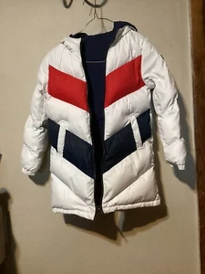 Boys Tommy Hilfiger Reversible Hooded Puffer Coat Blue Red & White Size 8 EUC - Picture 1 of 5