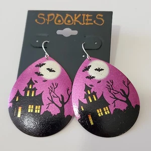 Spookies Spukhaus Ohrringe lila schwarz Fledermäuse Träne Haken 2" Halloween NEU - Bild 1 von 4