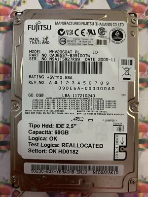 Hard Disk Usato IDE 2,5" 60GB FUJITSU MHV2060AT CA06557-B39100TW 2005-11 - Immagine 1 di 4