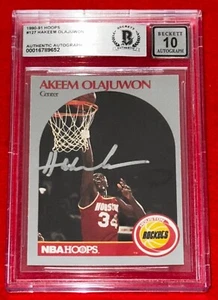 1990-91 Hoops 127 Hakeem Olajuwon Signed Card Beckett BAS Rockets Auto Grade 10 - Picture 1 of 2