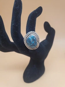 Genuine Turquoise Ring Handmade Silver Toned Southwest Style Twisted Rope Inlay. - Picture 1 of 4