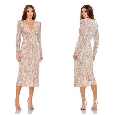 Vestido de cóctel Mac Duggal 5574 manga larga cuello en V cuentas en oro rosa talla 20 Foto 1 de 4