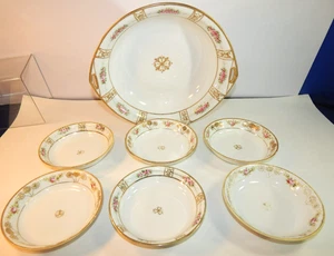 Vintage Hand Painted Nippon Bowl 7 pcs Set Pink Flora Roses Beaded Gold Trim - Picture 1 of 15