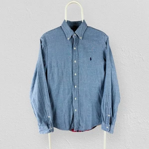 Ralph Lauren Blue Denim Shirt Soft Long Sleeve Tartan Lined Slim Fit Mens Medium - Picture 1 of 5