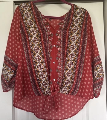WEST KEI Rust Red Talina Floral Printed Tie Front Blouse 3/4 Tab Sleeves Sz M - Image 1 of 4