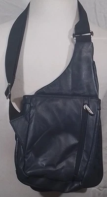 Travelon Sling Crossbody Bag Navy Blue LEATHER Travel Bag Multiple Compartments - Image 1 of 4