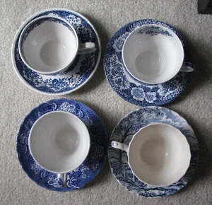 4 vintage blue transferware CUPS & SAUCERS England Wood's Myott Wedgwood - Picture 1 of 2