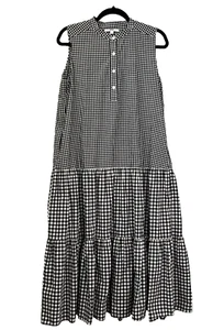 Uniqlo Tiered Midi Dress Sz L Drop Waist Checkered Gingham Missing Waist Tie - Picture 1 of 13