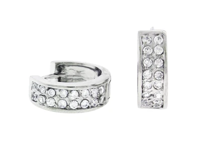 Pendientes de aro Huggie redondos de plata de ley 925 2 filas circonita cúbica chapados en rodio 16 mm Foto 1 de 4