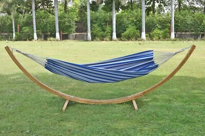 Traditional Swing hammock with wooden stand set for Garden Outdoor - Marine Blue - Image 1 of 4