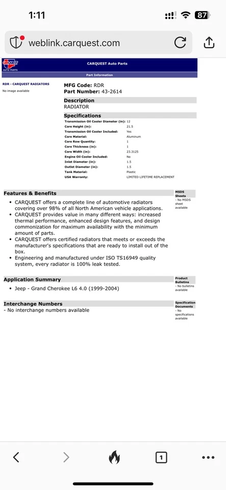 Carquest Radiator 432614 For Jeep - Grand Cherokee L6 4.0 (1999-2004) - Image 1 of 4