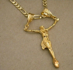 Men's Large Yellow Gold Plated 24in Long 4mm Wide Figaro Chain & Jesus Charm Set - Bild 1 von 5