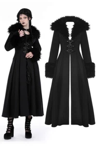 DARK IN LOVE Women Steampunk Black Gothic Faux Fur Trim Woolen Long Coat Jacket - Picture 1 of 18