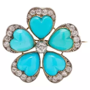 Heart Turquoise Floral Design Brooch 925 Sterling Silver Handcrafted Jewelry - Picture 1 of 13
