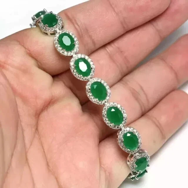 15.CT Oval Cut Emerald Lab Created Diamond Tennis Bracelet 14k White Gold Plated - Image 1 of 2