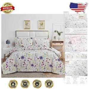 Vibrant King Size Floral Quilt Set - Purple, Green, Blue Lightweight Bedding - Picture 1 of 8