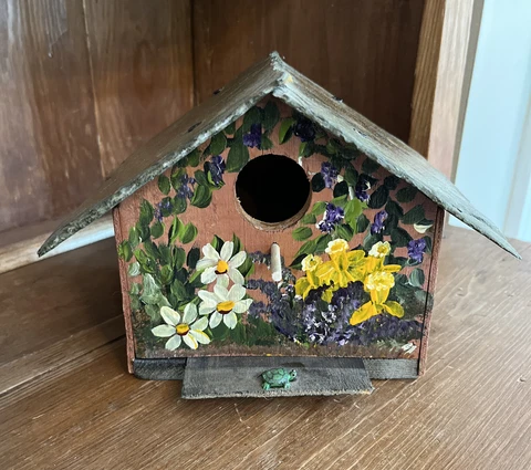 Bird House Hand Made Salvaged Barn Wood Slate Roof Painted Flowers Cottage Cover
