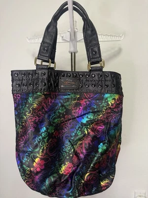 Ed Hardy Rainbow Tattoo Print Tote Black Studded Handles Y2K Christian Audigier - Imagem 1 de 4
