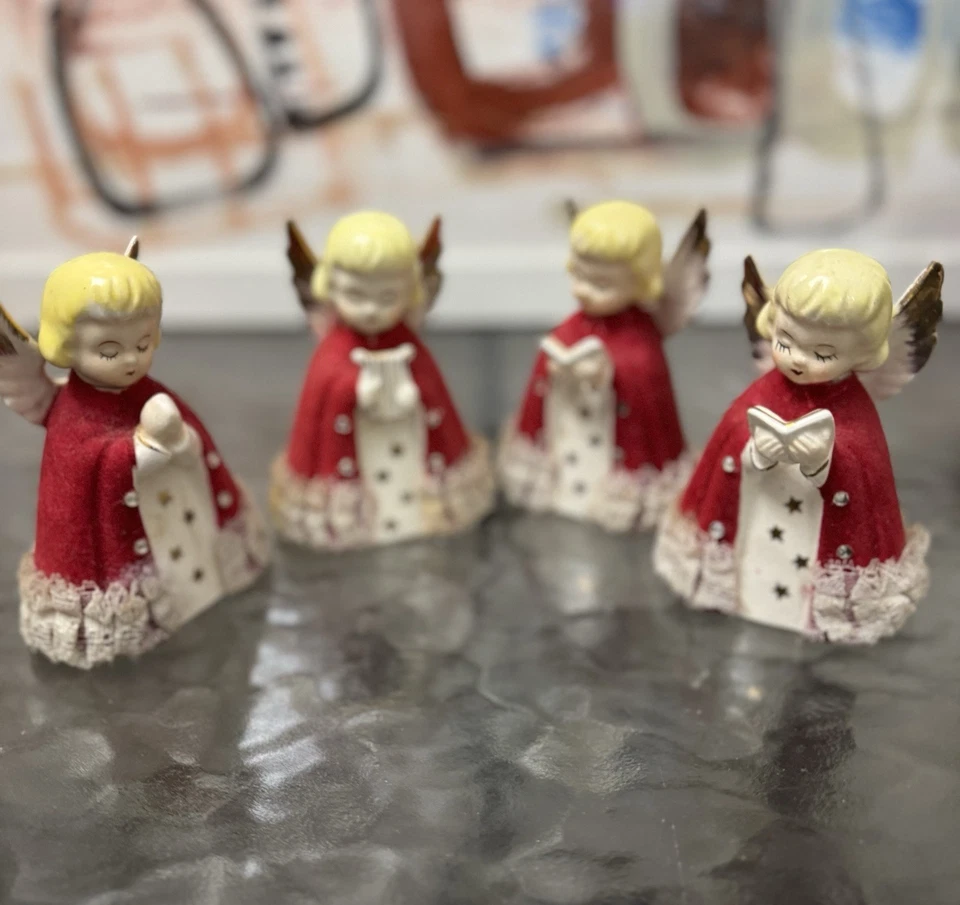 Vintage Angels Ceramic Christmas Figurines Pair Felt Robes & Lace Gold Stars C1 - Image 1 of 4