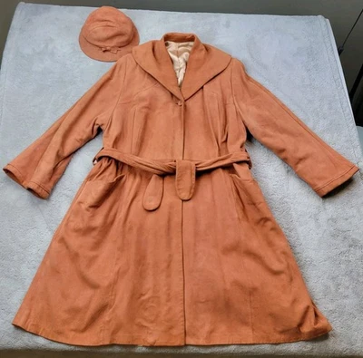 Abrigo de gamuza vintage Caljax Symphonies para mujer grande* cinturón naranja sombrero cloche años 70 Foto 1 de 4