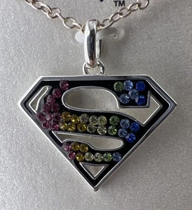 Superman Silver Plated Brass Pendant Necklace Crystals 18 Inch DC New In Box - Picture 1 of 12