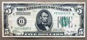 1928 $5 FRN [] ATLANTA [] RARE KEY []GOLD/BIG 6 NUMERIC SEAL [] SN# F 07598957 A - Picture 1 of 3