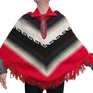 70s Retro Red Fringe Poncho Hippie Cape Knit Fringe Western Black Aztec Cowgirl - Picture 1 of 8