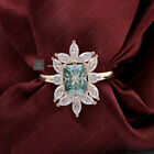 Blue Green Radiant Moissanite Engagement Ring Vintage Unique Cluster Gold Ring