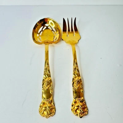 Vintage Italy Gold Pierced Serving Spoon and Fork Set - Image 1 of 4