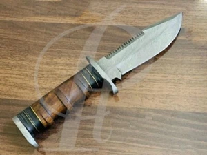 11" Custom Hand Made Damascus Grip Bowie Knife with Brown Wood - Picture 1 of 13