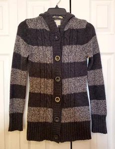 Cardigan con cappuccio e bottoni grandi misto lana marca SO a righe grigio vintage - Foto 1 di 6