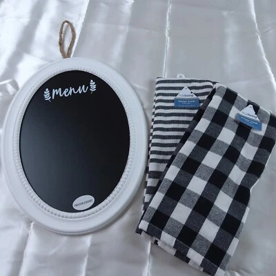 Oval Shape Kitchen Menu Chalk Board Large 20.5" With Gingham Kitchen Towels Set  - Image 1 of 4