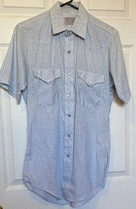 H BAR C RANCHWEAR PEARL SNAP S/S LONG TAIL SHIRT White Blue Black Plaid  SZ 15 - Picture 1 of 8