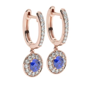 1.50 Cts Pave Set Round Diamond with Blue Sapphire Halo Earring in 18K Rose Gold - Picture 1 of 4