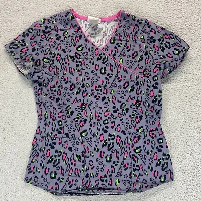 Scrubstar Women Scrub Top XS Gray Leopard Faux Wrap Short Sleeve Pockets - Image 1 of 4