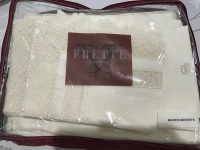 Juego de sábanas Frette Italia nuevo con etiquetas (4 piezas) Queen satén alta costura macramé encaje marfil Foto 1 de 4