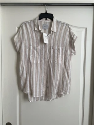 Rails tan & white striped linen blend gauze camp shirt - Size Medium - NWT - Image 1 of 4