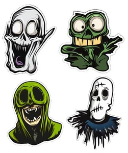 Juego de 4 pegatinas de vinilo de personajes de Halloween espeluznantes (paquete #4 / personaje talla 3x2”) - Imagen 1 de 3