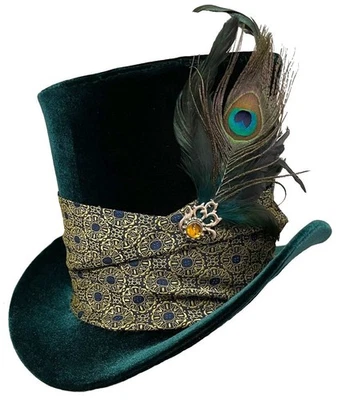 Sombrero Alto Terciopelo Verde Jade Pavo Real Joyas Steampunk Boda Sombrerero Loco Foto 1 de 4