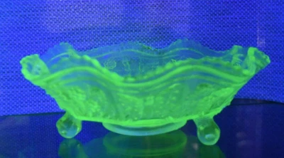 Green Footed Depression Glass Bowl/ Candy Dish Glows under Black Light - Image 1 of 4
