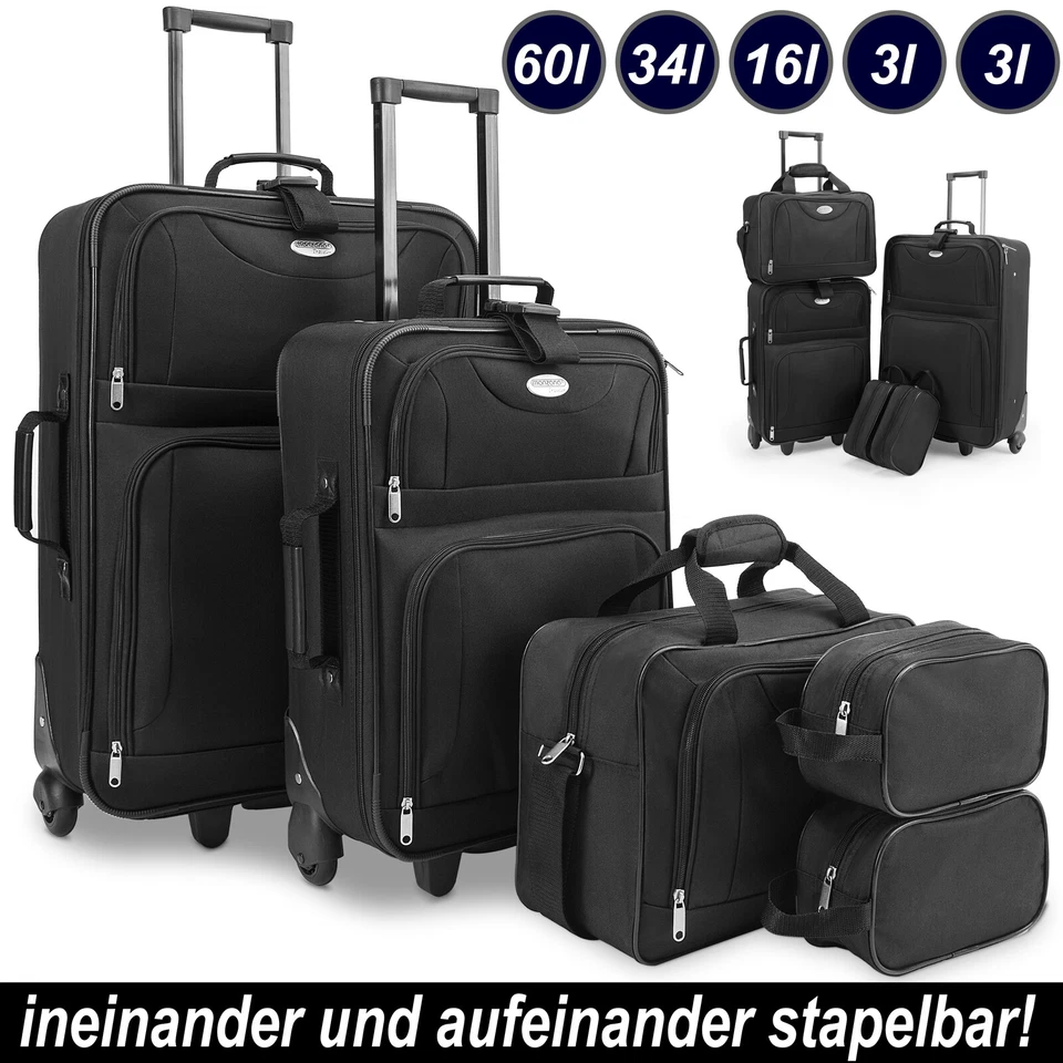 Kofferset Reisekoffer 5 Taschen Trolley Reise Koffer Set Tasche S M L XL schwarz - Bild 1 von 4