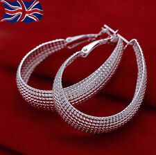 925 Sterling Silver plated Hoop Earrings Textured Large U Hoop Free Gift Bag UK