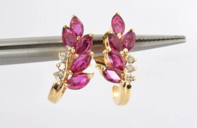 Ruby and Diamond J Hoop Stud Earrings in 14k Yellow Gold - Image 1 of 4