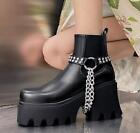 Women's Punk Motorcycle Metal Chain Ankle Boote Shoes 8.5cm Chunky Heel Fashion 
