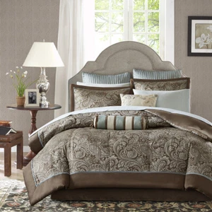 NEW! ~ CHIC 12PC LUXURIOUS ELEGANT BROWN SILVER GREY BLUE COMFORTER SET & SHEETS - Picture 1 of 8