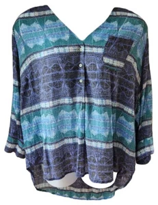 Fred David Tunic Plus 3X Blue Green Muted Colors MOP Buttons V Neck 3/4 Sleeve - Picture 1 of 10