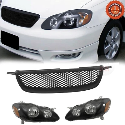 3PCS Fits 2003-2008 Toyota Corolla Black Headlights+Grille Front Bumper Set Foto 1 de 4